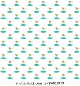 Esta Imagen presenta un patrón encantador y repetitivo de patos nadando en el agua. Cada pato está representado en un estilo juguetón y caricaturesco, con un cuerpo verde y pico y pies naranjas. El agua se muestra en un color azul claro con Pequeñas ondas, creando un efecto armonioso y calmante. El patrón es simétrico y uniformemente espaciado, lo que lo hace visualmente atractivo y equilibrado.