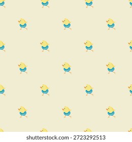 Esta Imagen presenta un patrón encantador y repetitivo de patitos amarillos con espaldas azules. Los patitos están uniformemente espaciados y alineados en una cuadrícula, creando un diseño visualmente agradable y simétrico. El fondo beige claro realza los colores vibrantes de los patitos, haciéndolos destacar de manera prominente. El efecto general es lúdico y caprichoso, adecuado para varios propósitos decorativos.