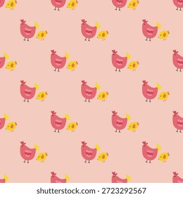 Esta Imagen presenta un patrón encantador y repetitivo de gallinas rosadas y pollitos amarillos sobre un fondo rosa suave. Las gallinas y los polluelos están ilustrados en un estilo caprichoso y caricaturesco, creando una atmósfera alegre y juguetona. El patrón es simétrico y uniformemente espaciado, lo que lo hace visualmente atractivo y equilibrado. Los colores brillantes y los diseños simples lo hacen adecuado para diversas aplicaciones, como telas, Fondos de pantalla o artículos para niños.