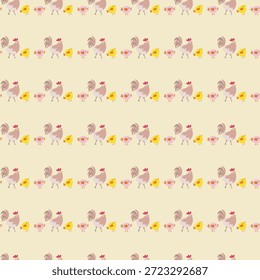 Esta imagem apresenta um padrão encantador e repetitivo de galinhas cor-de-rosa e flores amarelas sobre um fundo bege claro. O padrão é simétrico e cria um efeito harmonioso e calmante. As galinhas são representadas de forma estilizada, cada uma usando uma pequena flor rosa na cabeça, adicionando um toque de capricho ao design. As flores amarelas são simples e brilhantes, complementando as galinhas cor-de-rosa lindamente. O efeito geral é de simplicidade e elegância, tornando-se uma escolha deliciosa para fins decorativos.