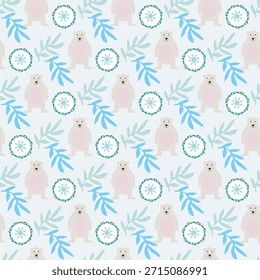 This image features a charming winter-themed pattern with pink owls, snowflakes, and green foliage scattered across a light background. The owls are depicted in a whimsical style, adding a touch of warmth to the cool, snowy theme. The snowflakes are delicately designed, and the green foliage provides a refreshing contrast to the pink owls and white background.