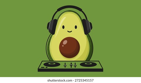 Esta imagem apresenta um alegre DJ de abacate usando fones de ouvido misturando música em um toca-discos. A fruta do desenho animado é bonito e feliz, tornando-se uma imagem divertida e divertida para o entretenimento. É perfeito para