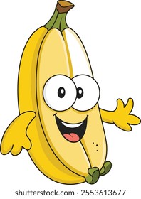 This image features a cheerful cartoon banana character with big, expressive eyes and an open mouth, giving the impression of happiness and excitement.