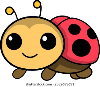 This image features a cheerful cartoon style ladybug with a bright red shell adorned with black spots and an adorable smiling face