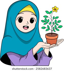 This image features a cheerful cartoon style Muslim girl in a blue hijab and purple outfit holding a potted plant with a blooming flower