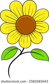 This image features a cheerful cartoon style sunflower with vibrant yellow petals a brown center and two fresh green leaves.