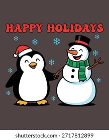 Esta Imagen presenta un alegre escenario navideño con un pingüino de estilo de dibujos animados con un sombrero de Santa y un muñeco de nieve con un sombrero de copa y una bufanda. El texto 'Días festivos felices' se muestra en la parte superior, rodeado de copos de nieve que caen. La obra de arte es vibrante y festiva, evocando un alegre sentimiento de vacaciones de invierno. Archivo EPS de Vector totalmente editable adecuado para proyectos de diseño, impresión y Web.