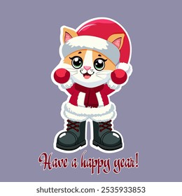 This image features a cheerful kitten dressed in a festive Santa outfit with a big red scarf, mittens, and boots. The kitten smiles with open arms, spreading holiday joy, with the text “Have a happy y