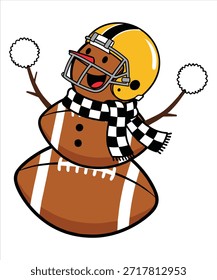 Esta imagem mostra um boneco de neve alegre vestido como uma líder de torcida de futebol, completo com um capacete, cachecol e pom-poms. O estilo artístico é cartunesco e vibrante, evocando um clima festivo e lúdico. Arquivo EPS vetorial totalmente editável adequado para projetos de design, impressão e web.