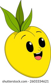 This image features a cheerful yellow bell pepper with a smiling face, large expressive eyes, and three green leaves on top, illustrated in a fun cartoon style