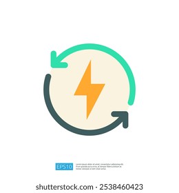 This image features a circular icon with arrows and a lightning bolt, symbolizing energy flow or recycling of energy. It represents concepts related to sustainability and power.