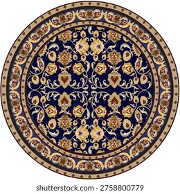 This image features a circular Persian-style carpet design with a soft beige background and intricate floral patterns arranged symmetrically around a central medallion. The design includes elegant vines, blossoms, and ornamental leaves in warm brown and earthy tones. The outer circular border is richly decorated with repeating floral motifs and a green edge, enhancing the luxurious and classic oriental aesthetic. The overall composition is balanced, detailed, and timeless, suitable for both traditional and modern design applications.