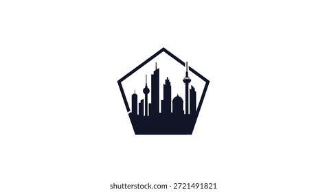 Esta imagem apresenta uma silhueta de paisagem urbana embutida numa forma de pentágono. É ideal para logotipos ou ícones relacionados ao desenvolvimento urbano, imóveis ou viagens, mostrando um horizonte moderno da cidade em