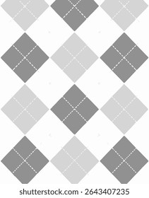 This image features a classic argyle pattern composed of alternating light and dark gray diamond shapes on a white background. The diamonds are overlaid with dashed diagonal lines, creating 