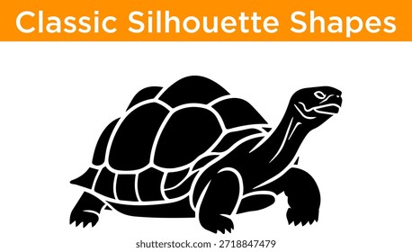 Esta Imagen presenta una silueta negra clásica de una tortuga. La tortuga es representada con una concha detallada y patas, cabeza y cola visibles. El estilo de la silueta le da un aspecto atemporal y elegante, adecuado para varios propósitos decorativos.