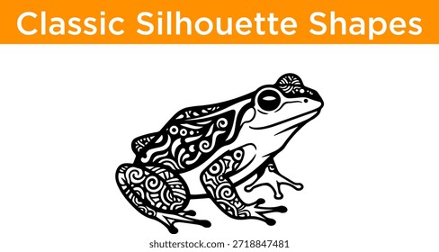 Esta imagem apresenta uma silhueta clássica em preto e branco de um sapo. O sapo é retratado de forma estilizada com intrincados padrões e redemoinhos adornando seu corpo. O design é simples, mas elegante, capturando a essência da forma da rã com linhas limpas e detalhes mínimos. O fundo é branco puro, que contrasta nitidamente com a silhueta preta, fazendo com que o sapo se destaque de forma proeminente.