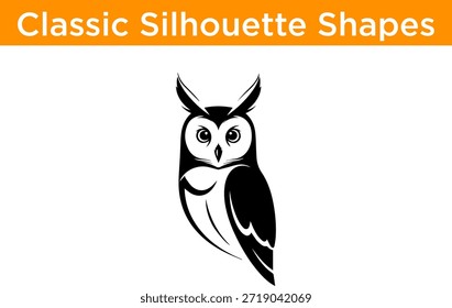 Esta Imagen presenta una silueta clásica en blanco y negro de un búho. El búho está representado con ojos Grandes y redondos y mechones de orejas prominentes, dándole un aspecto distintivo y reconocible. La simplicidad del estilo de la silueta enfatiza la forma natural y la elegancia del búho.