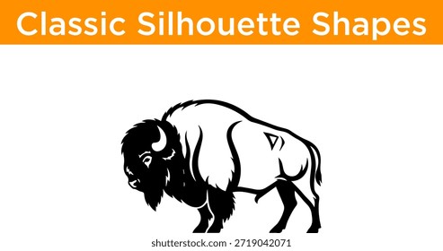 This image features a classic black and white silhouette of a bison. The bison is depicted in a side profile, showcasing its distinctive hump and large head. The silhouette style emphasizes the animal's robust and powerful form, making it a striking piece of art.