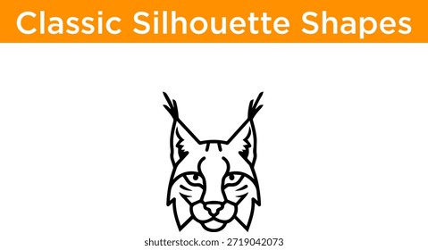 Esta Imagen presenta una silueta clásica en blanco y negro de un lince. El lince se representa en una vista frontal, mostrando sus distintivas orejas puntiagudas y rasgos faciales. La silueta es simple y limpia, por lo que es un elemento gráfico versátil.