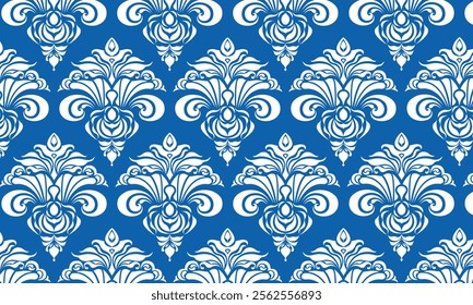 This image features a classic Damask pattern in shades of blue and white. The intricate design is reminiscent of traditional wallpaper and textiles, adding a touch of elegance and sophistication.