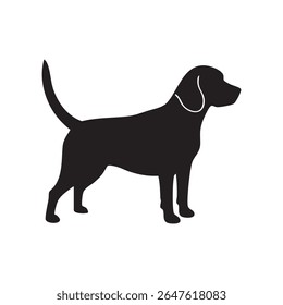 This image features a clean, black silhouette of a dog, standing in profile, against a stark white background. The silhouette style emphasizes its simple form.
