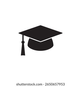 This image features a clean, black icon of a graduation cap, also known as a mortarboard, complete with its dangling tassel. It symbolizes education and the successful completion of studies.