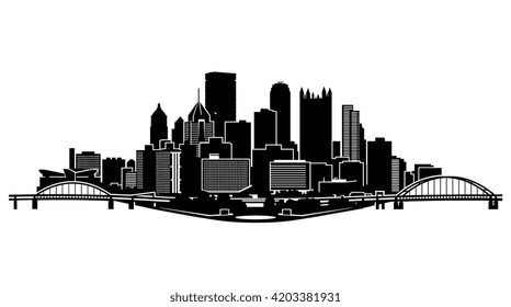 This image features a clean, high-contrast black silhouette of a metropolitan city skyline. The composition includes a variety of urban structures, including tall skyscrapers with pointed and flat roofs, office buildings, and prominent arched bridges on both sides. The skyline is reflected or mirrored at the bottom to create a solid base, suitable for graphic design and architectural themes.
