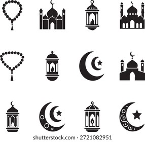 This image features a clean and minimal collection of Islamic and Ramadan-themed icons designed in solid black on a white background. The set includes various styles of mosques, crescent moons with stars, traditional lanterns (fanous), and tasbih (prayer beads). The icons are flat, vector-style silhouettes, making them suitable for modern graphic design, religious content, Ramadan decorations, social media posts, mobile apps, websites, and print materials.