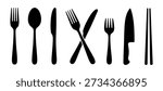 This image features a clean set of black silhouettes representing various dining and kitchen utensils. The collection includes a standard fork, a spoon, a butter knife, a crossed fork and knife, a small pastry fork, a large kitchen knife, and a pair of chopsticks. These minimalist icons are perfect for restaurant menus, food related branding, cooking blogs, or signage in dining areas.