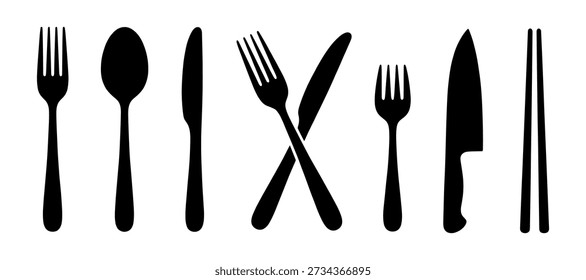 This image features a clean set of black silhouettes representing various dining and kitchen utensils. The collection includes a standard fork, a spoon, a butter knife, a crossed fork and knife, a small pastry fork, a large kitchen knife, and a pair of chopsticks. These minimalist icons are perfect for restaurant menus, food related branding, cooking blogs, or signage in dining areas.