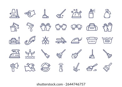 This image features cleaning, disinfection, line icons, vector, illustration, hygiene, sanitation, housekeeping. Set of Cleaning and Disinfection Line Icons on White Background