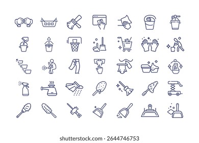 This image features cleaning, housekeeping, line icons, vector, illustration, home, service, equipment. Cleaning and Housekeeping Line Icons Set Home Cleaning Vector Illustration