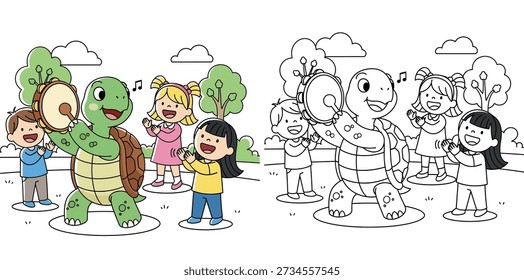 Dieses Bild zeigt einen klaren, dicken Vektorstil, ideal für die frühkindliche Musikausbildung, Kindergartenmaterialien oder Geschichtenbücher. Die Interaktion zwischen dem Tier-Maskottchen und diversen Kindern hebt Themen wie "Spaß", "Rhythmus" und "Lernen" hervor, was es für Verlage im Bildungsbereich sehr marktfähig macht.