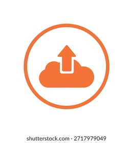This image features a cloud with an upward-pointing arrow in the center. The cloud is depicted in a bright orange color, and the arrow is white, symbolizing the action of uploading data to the cloud. The entire graphic is enclosed within a circular border of the same orange hue.