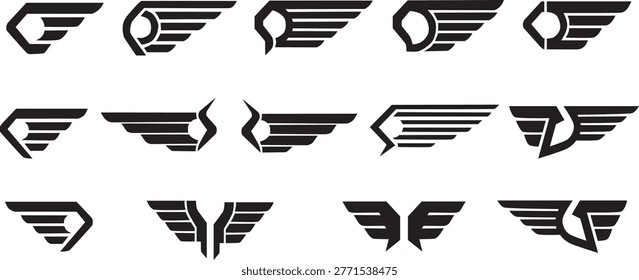 This image features a collection of 12 black wing logos with various designs and styles, showcasing different shapes and compositions on a pure white background