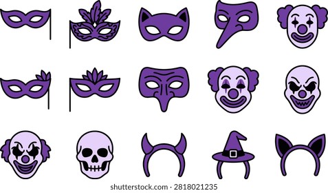 This image features a collection of 14 purple Halloween-themed masks and costume accessories, including clown, animal, and devilish designs on a white background.