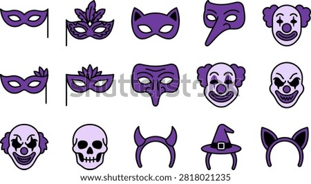 This image features a collection of 14 purple Halloween-themed masks and costume accessories, including clown, animal, and devilish designs on a white background.