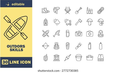 This image features a collection of 30 line icons related to outdoor skills, including camping, hiking, and wilderness survival. The icons are arranged on a white background and include illustrations of various outdoor gear, equipment, and tools. The image also features a yellow and blue banner with the text 'Outdors Skills' and '30 Line Icon', indicating that the icons are editable and part of a larger set.