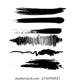 Dieses Bild zeigt eine Sammlung abstrakter Pinselstriche in Schwarz, einzeln auf transparentem Hintergrund. Die Striche variieren in Form und Textur, wodurch eine visuell dynamische Komposition entsteht. Ideal für Grafikdesign und digitale Kunstprojekte.
