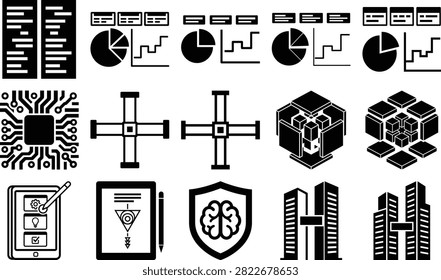 This image features a collection of abstract shapes including circuit board elements and geometric forms presented in a dark monochrome style. The composition includes layered structures