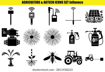 This image features a collection of agricultural technology equipment and depictions of plant growth presented in a dark-toned stylized arrangement. Notable elements include drones sensors sprinklers and representations of root systems and plant structures.