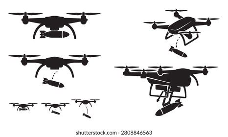 This image features a collection of armed drones depicted as black silhouettes against a white background. The drones are shown