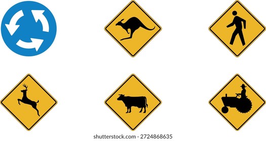 Esta imagem apresenta uma coleção de sinais de trânsito australianos, incluindo avisos para cangurus, veados, vacas e pedestres, bem como um sinal circular com setas. Os sinais são exibidos sobre um fundo branco, fornecendo uma representação visual clara e concisa dos vários perigos e indicadores que os motoristas podem encontrar nas estradas australianas.