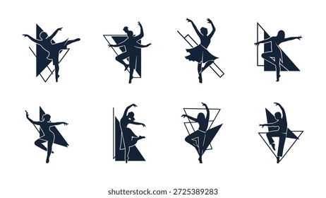Esta imagem apresenta uma coleção de silhuetas de bailarino artisticamente integradas com formas de triângulos geométricos. O design utiliza uma paleta de cores monocromáticas de azul escuro contra um fundo branco, criando alto contraste. Essas ilustrações estilizadas podem ser adequadas para várias aplicações de design, incluindo projetos editoriais e comerciais.