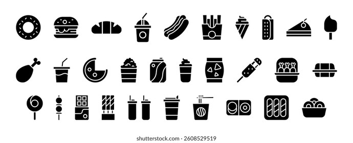 This image features a collection of black icons representing various food and drink items, ideal for menus or food-related graphics.
