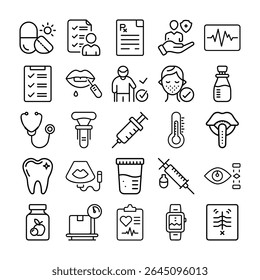 This image features a collection of black and white line art icons representing various medical and healthcare concepts, including diagnosis, treatment, and wellness.