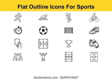 Esta imagem apresenta uma coleção de ícones planos em preto e branco que representam vários esportes, atividades e equipamentos.