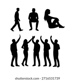Esta Imagen presenta una colección de siluetas negras de personas involucradas en diferentes actividades y poses. En la fila superior, hay tres figuras: una caminando, una sentada y una reclinada. La fila inferior muestra un grupo de cinco personas, con varias levantando las manos en un gesto de celebración o participación. El marcado contraste de las siluetas negras sobre un fondo blanco enfatiza sus Formas y formas, creando una representación visual simple pero impactante de las figuras humanas.