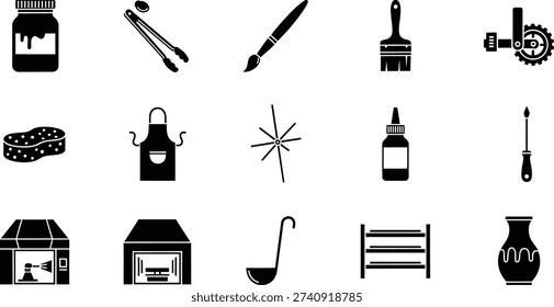 This image features a collection of black silhouette icons representing various tools and objects commonly used in arts, crafts, and DIY projects, including paint, brushes, pottery equipment, and workshop items.