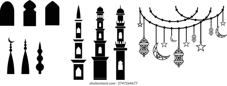 This image features a collection of black silhouettes showcasing various Islamic architectural elements and Ramadan decorations against a clean white background. The silhouettes include mosque minarets, arches, crescent moons, stars, and intricately designed lanterns, all of which are commonly associated with Islamic culture and the celebration of Ramadan. The simple yet elegant design makes this image suitable for use in a variety of contexts, including graphic design projects, educational materials, and inspirational content.